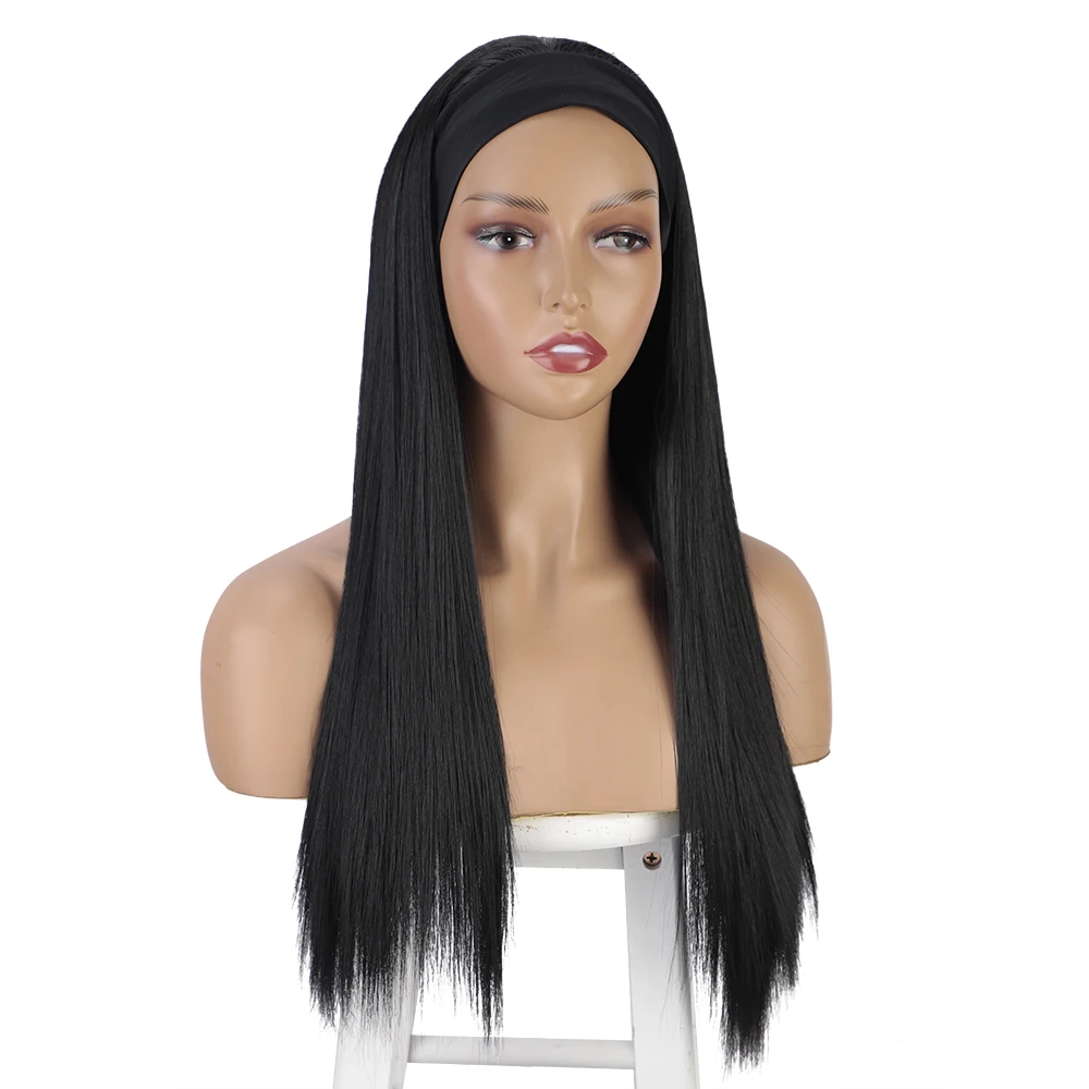 African American Ice Ribbon Bandana Wigs Women Long Straight Hair 24 Inches Black High Quality Synthetic Wig Women Cosplay Party