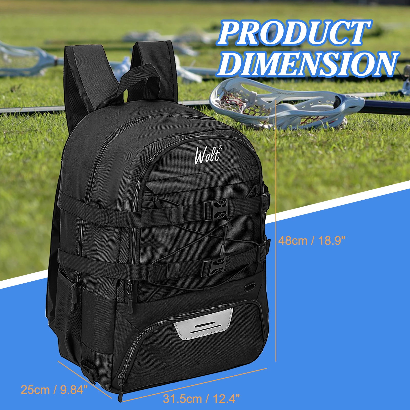 WOLT | Turf Lacrosse Backpack Bag- Lacrosse Bags- Extra Large Lacrosse bag with Two Sticks holder and Separate Cleats Compartmen