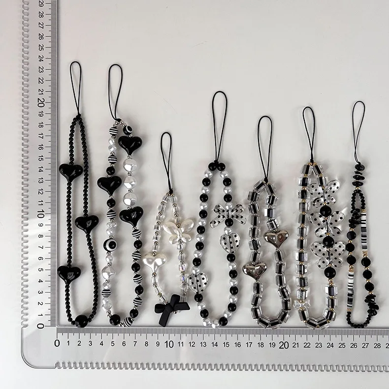 Black Beaded Mobile Phone Charm Ins Stringed Pearls Love Phone Lanyard Short Carrying Strap Drop-Resistant Phone Ornaments