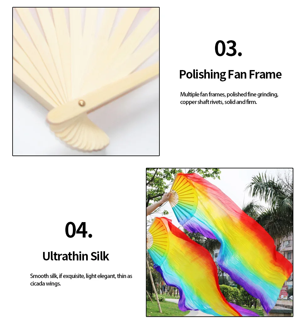 Long Gradient Color Dance Fan Real Silk Fabric Fans For Dancer Practice Home Decor Crafts Fans Belly Dancing Performance Show