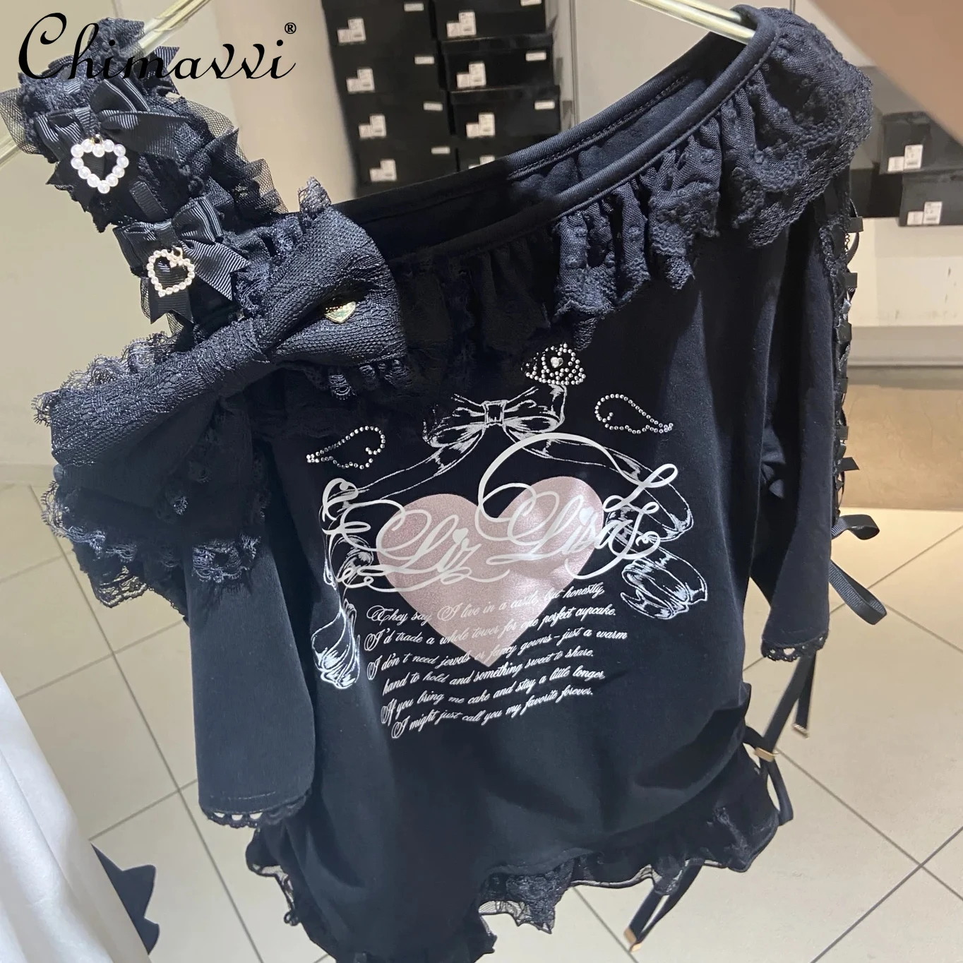 

Japanese New 2025 Autumn Sweet Cute Rhinestone Letter Bow Irregular T-Shirt Top Lolita Off-Shoulder Strap Y2k Girls Women Top