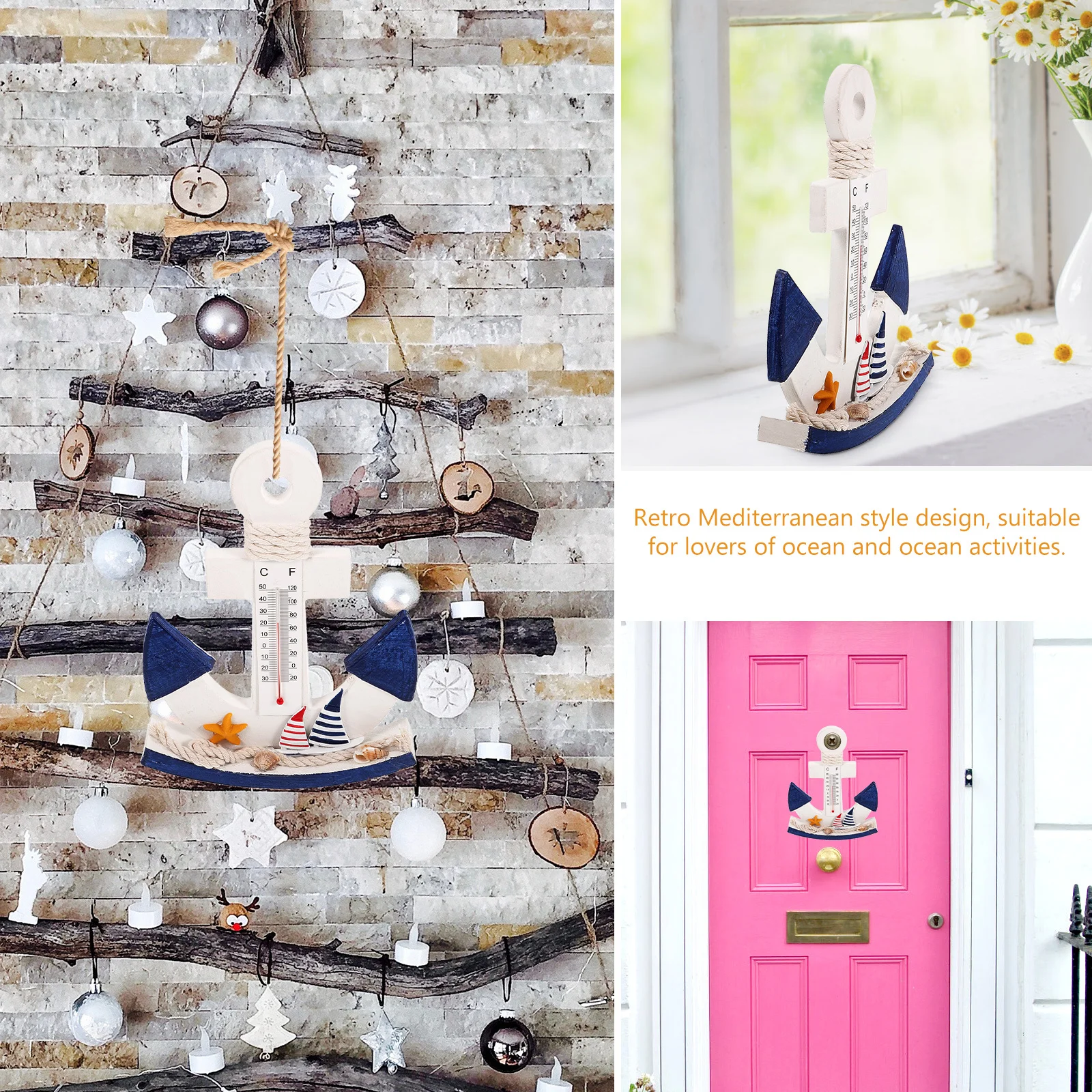 

Retro Mediterranean Wooden Anchor Shaped Thermometer Home Decor Unique Gift Ocean Theme Temperature Gauge Thermometer Ornament