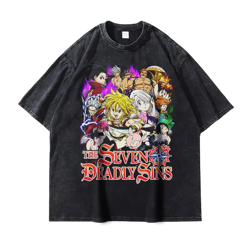 Anime The Seven Deadly Sins T-shirt Vintage Washed Oversized Meliodas Nanatsu no Taizai T Shirts Streetwear Manga Tops Tees Men