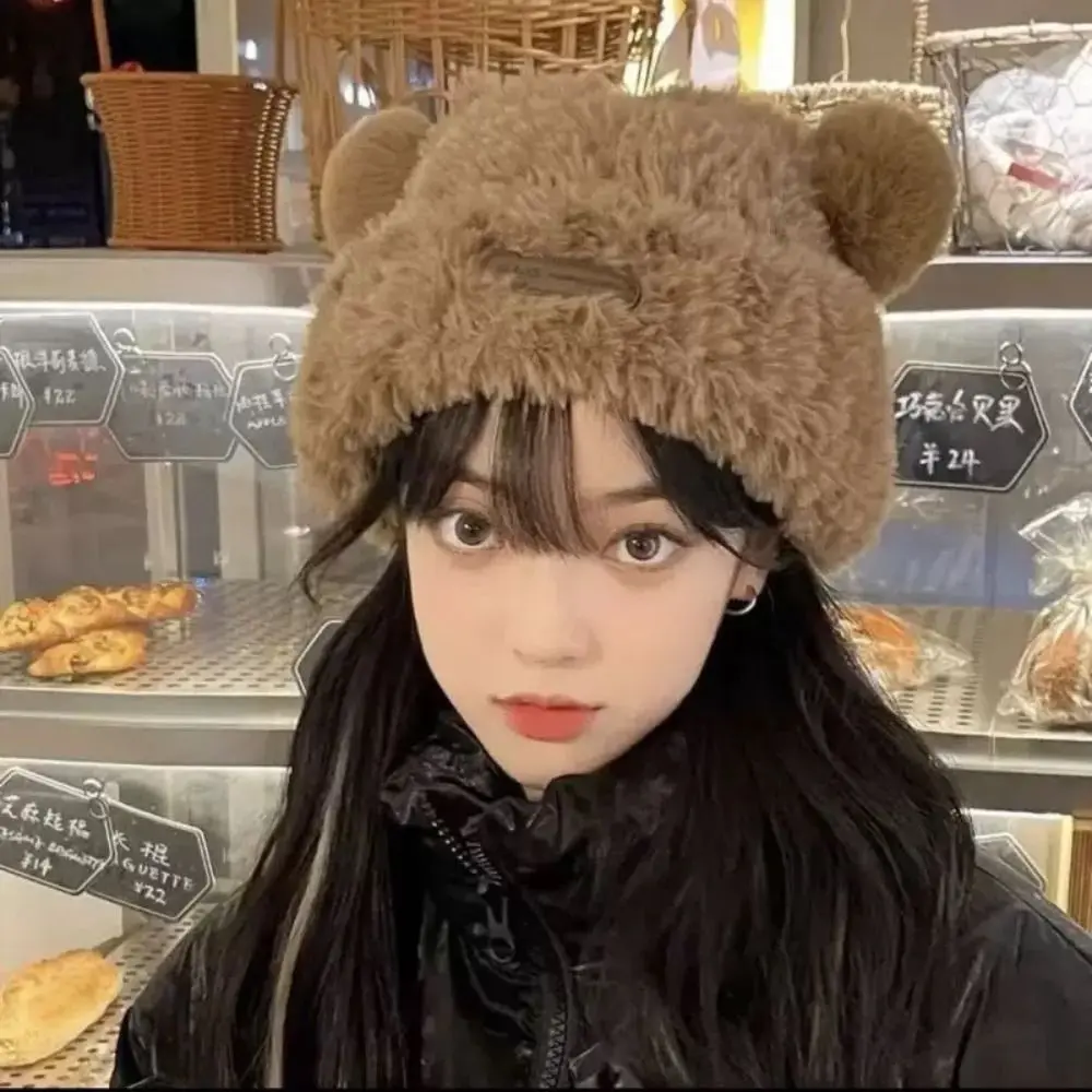 

Gifts Korean Style Bear Plush Hat Windproof Thickened Fluffy Beanie Hat Breathable Soft Plush Pullover Hats Outdoor