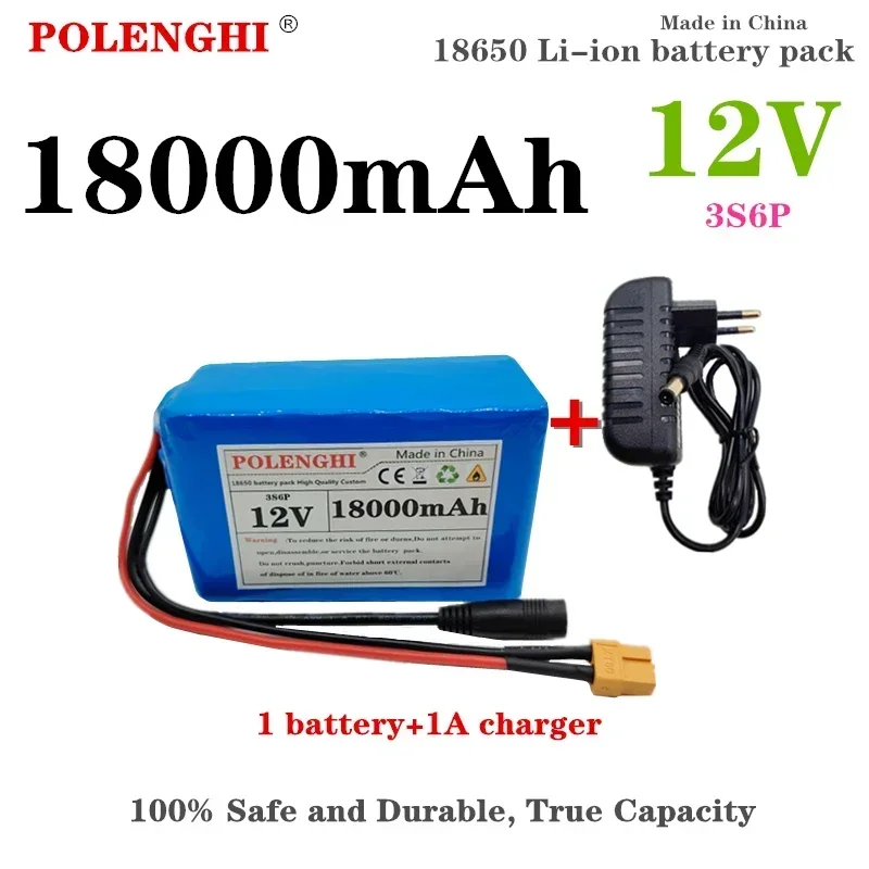 Real large capacity 3S6P 12V 18000mAh 18650 lithium-ion rechargeable battery pack with built-in intelligent BMS DC12.6V charger