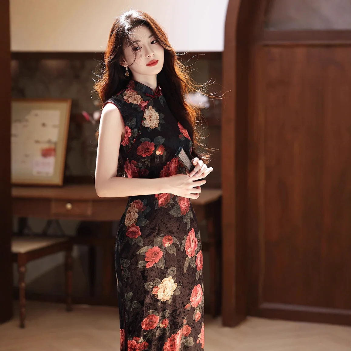 

Розовый Cheongsam с длинными рукавами и принтом, женское осенне-зимнее молодежное темпераментное новое платье в китайском стиле Qipao