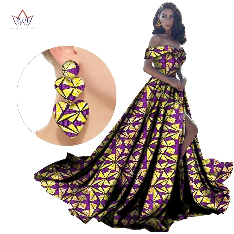 

BintaRealWax African Women Dresses with Earring Bazin Off Shoulder Clothing Dashiki Floor-Length Dress for Female WY2734-1