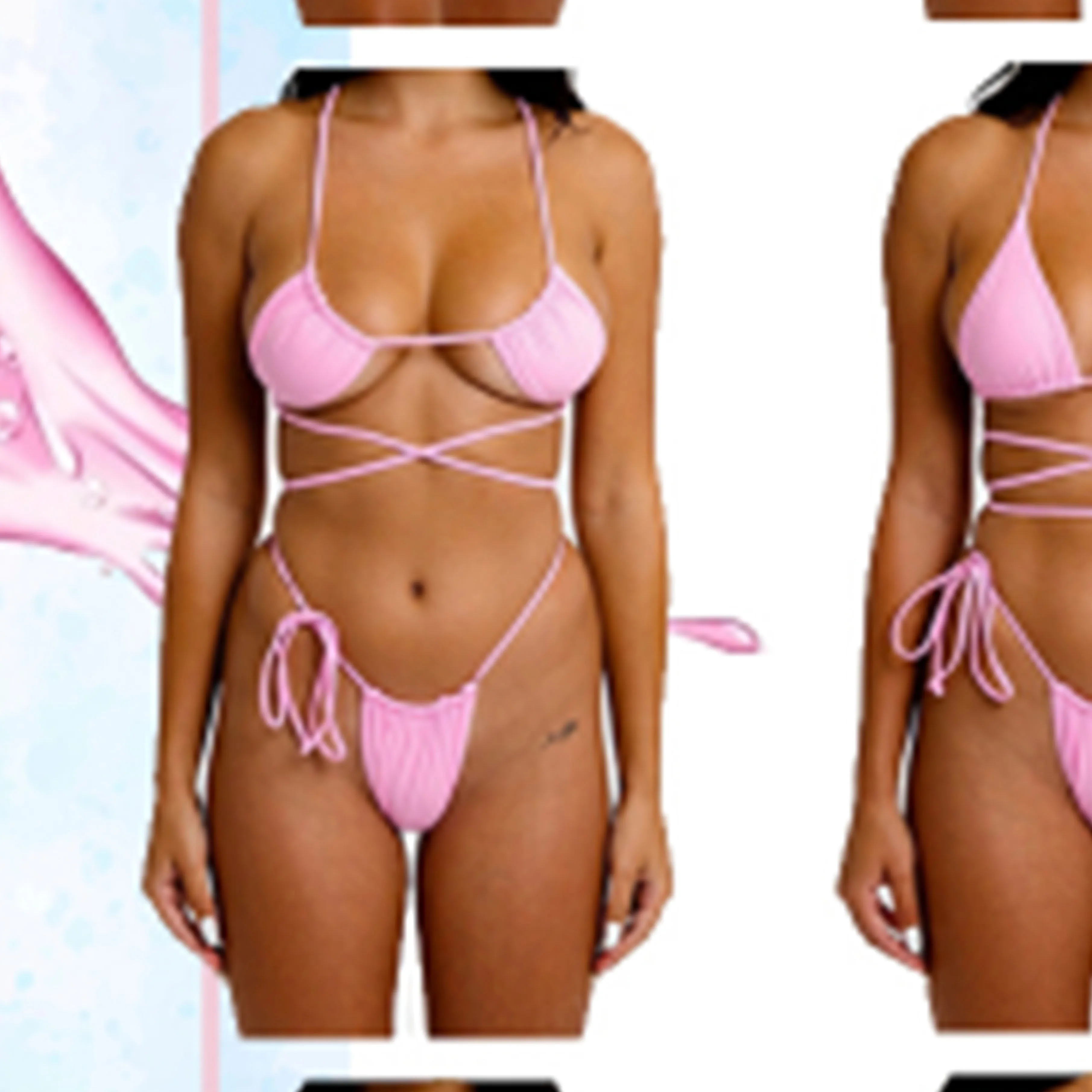 ملابس سباحة مقسمة من قطعتين ، بلون واحد ، مثير ، قصة ضيقة ، حزام ، بيكيني ، ملابس شاطئ ، ربيع #2