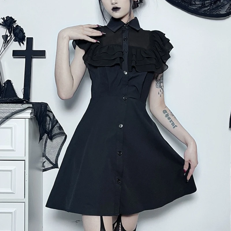 Gothic Vintage Short Prom Dress Women Chic Patchwork Black Slim A Line Dresses Sexy Party Grunge Aesthetic Streetwear Outfits