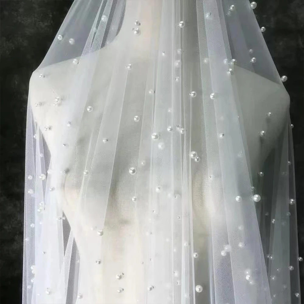 300CM Wide Wide Off White Big & Small Pearls Net Tulle Mesh Lace Luxury Bride's Face Veil Lace Fabric Material Sewing DECOR