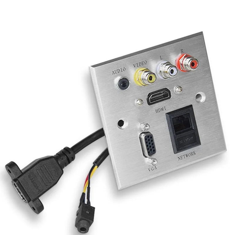 Aluminum Panel Wall Multimedia Socket HDMI-compatibl+VGA+RJ45+3.5MM Jack+FL+FR Signal Interface Panel Socket