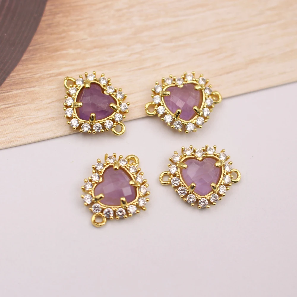 6pcs DIY Jewelry Accessories Faceted Heart Shape Natural Amazonite Quartz Stone CZ Pendant Linker Connectors for Necklace