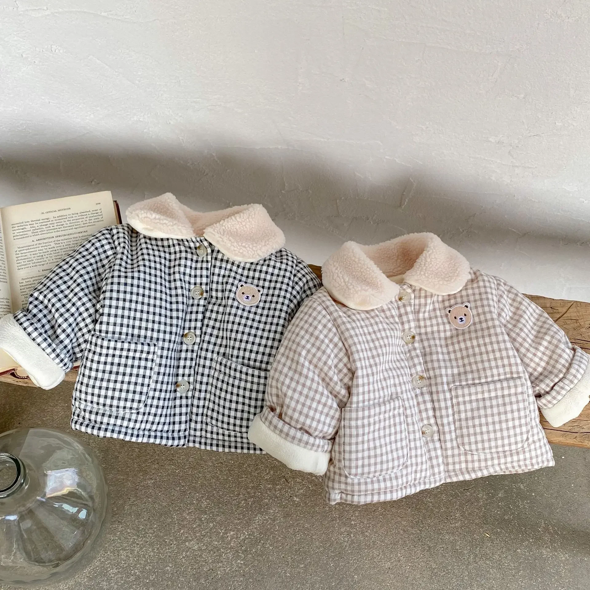 

3712D Baby Coat 2022 Winter New Korean Contrast Plaid Cotton Padded Boy's Coat 0-3Year Girl's Warm Cotton Jacket Tops