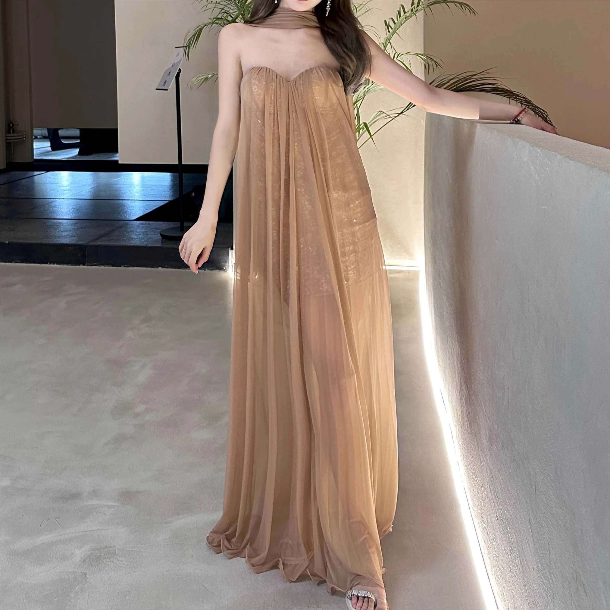 

Coffee Bling Chiffion Dress Women Summer Holiday Party Slash Neck Clothing Lady Streetwear Chic Streetwear Vestidos Bodycon