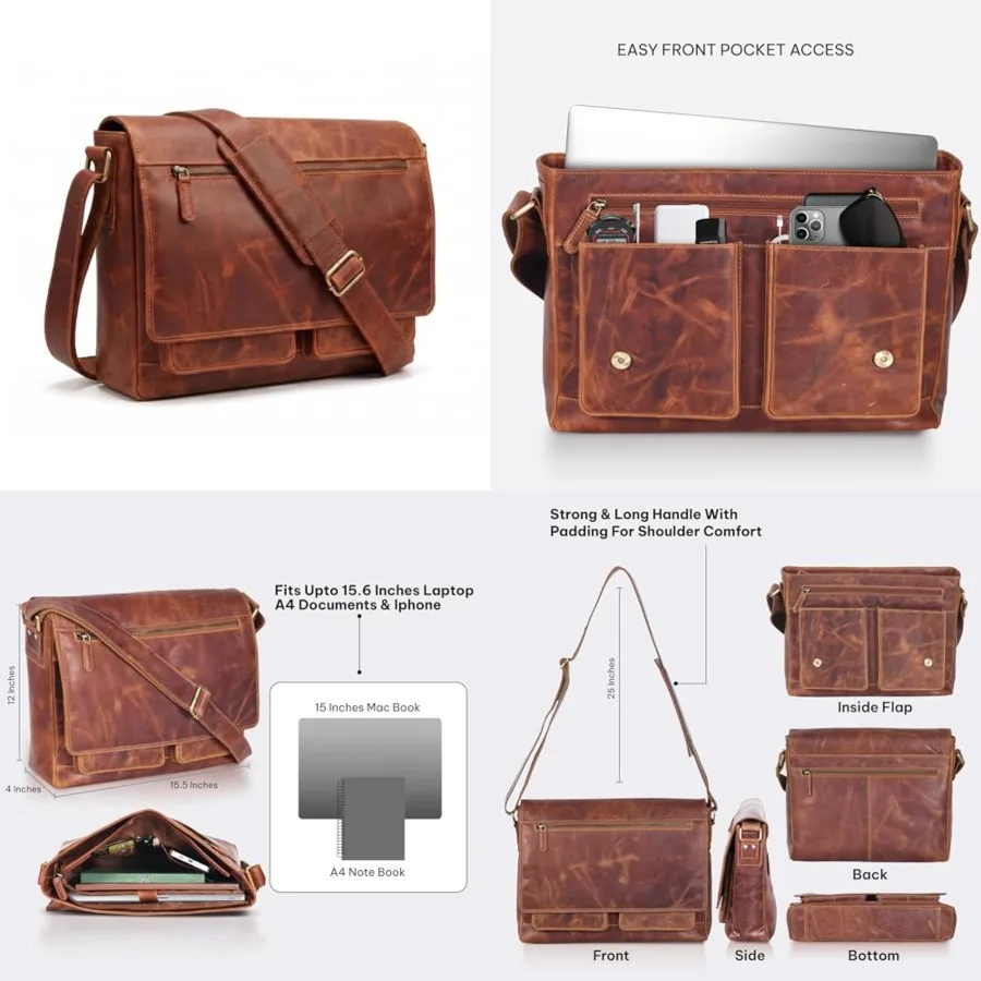 

VALENCHI 15" Full Grain Leather Laptop Messenger Bag For Men and Women - Padded 15.3" Laptop Compartment, Ample Storage and Poc