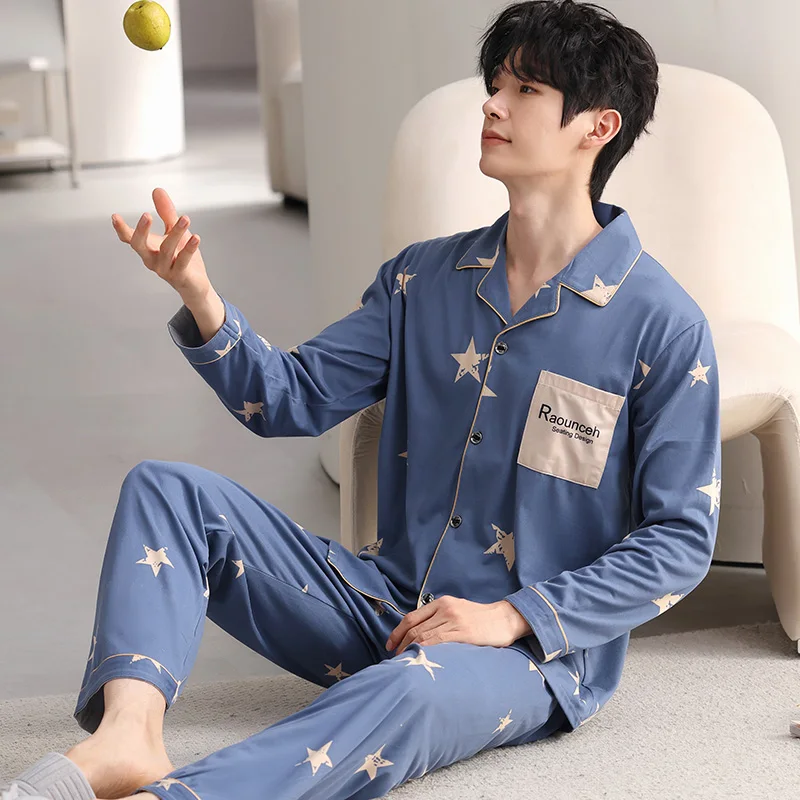 Newest Men Pajamas Set Spring and Autumn 100% Cotton Long Sleeve Sleepwear Male Turn-down Collar Pijama