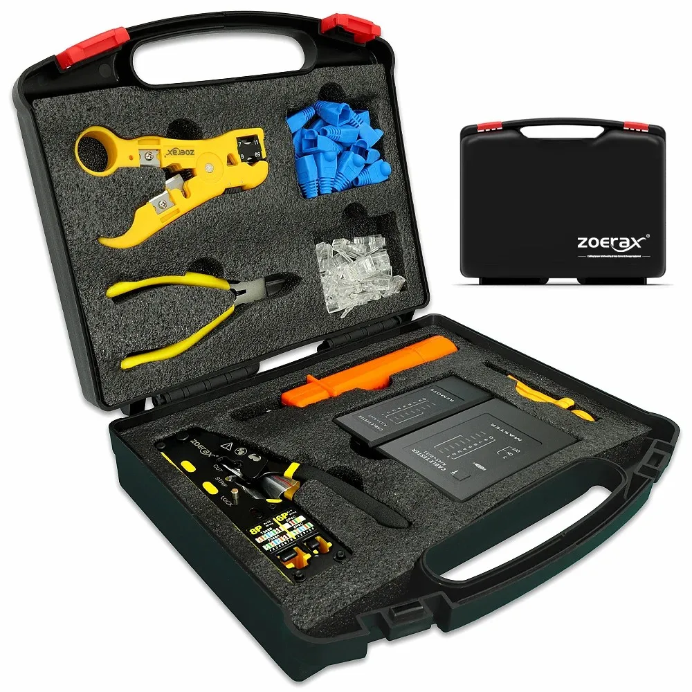 zoerax professional network tool kit em rj45 crimp tool kit pass through crimper tester rj45 punch down stripper 01