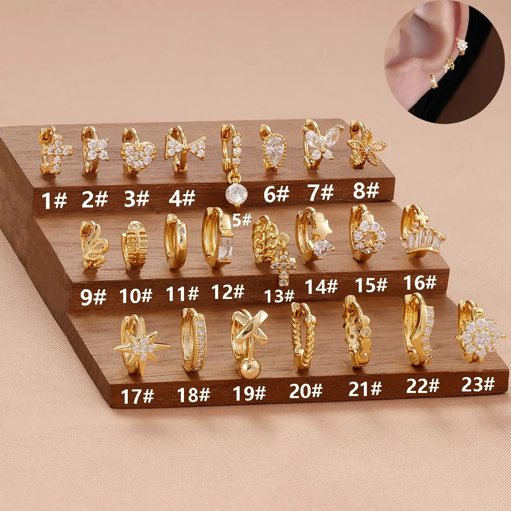 1PC Stainless Steel Zircon Star Cross Piercing Earring for Women Teen 18K Gold Plated Tiny Bow Round Circle Hoop Earring Jewelry