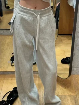 Houzhou-女性の灰色のバギースポーツパンツ,ハイウエストのコットンパンツ,韓国のファッション,クラシックなワイドジョガー,カジュアルな冬のパンツ