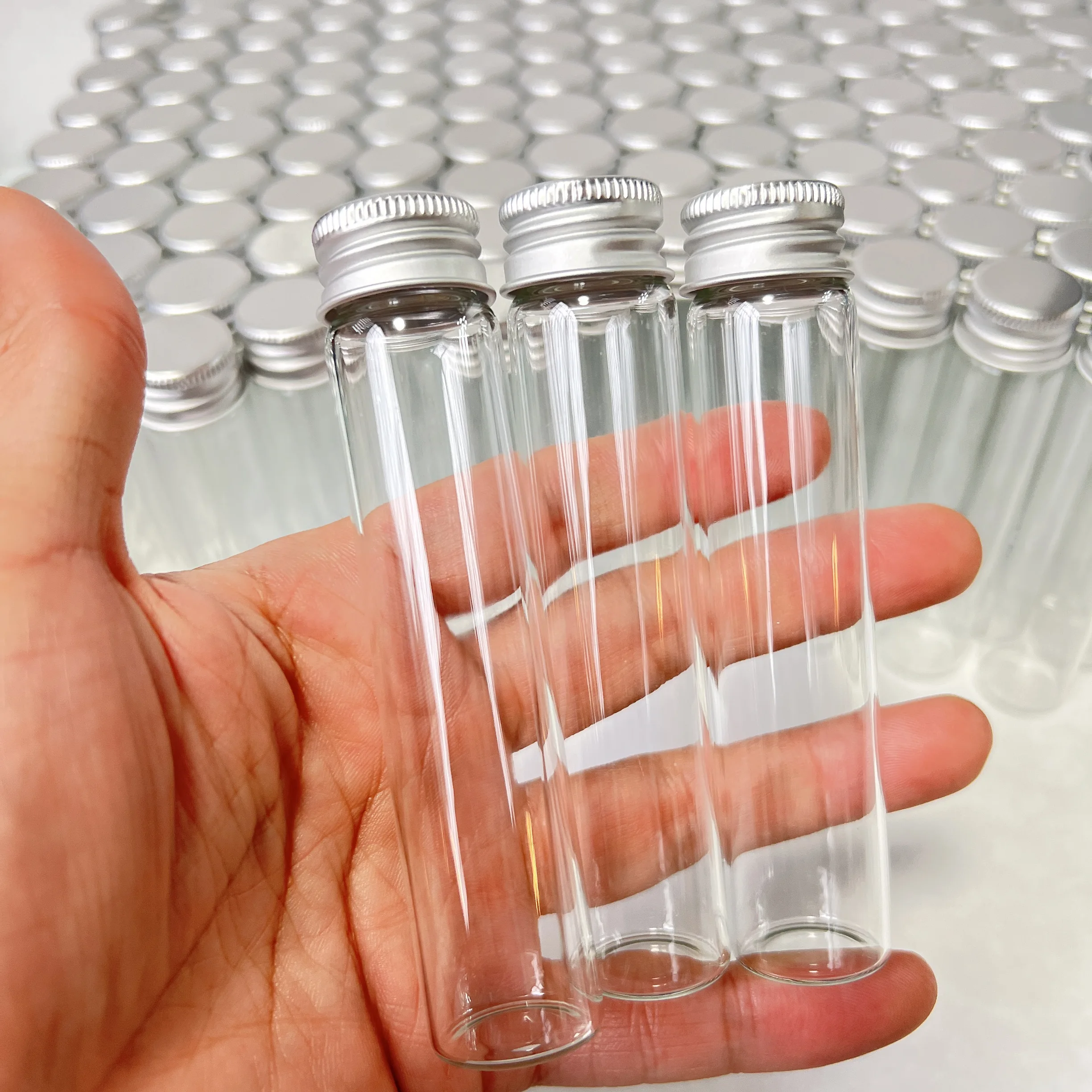 28/50 PCS 25ml Tall Glass Vials Aluminum Caps, 22x100mm Slim Bottles for Essential Oils Screw Cap Glass Tubes Travel Jars Craft