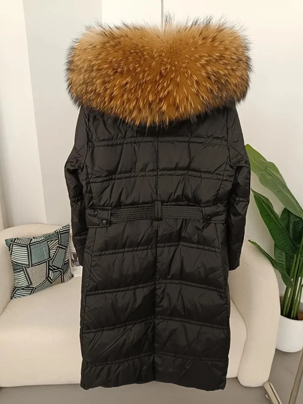 Natural Real Raccoon Fox Fur Collar Jacket Women Winter Thick Duck Down Coat Belt 2024 Long Warm Outerwear Streetwear