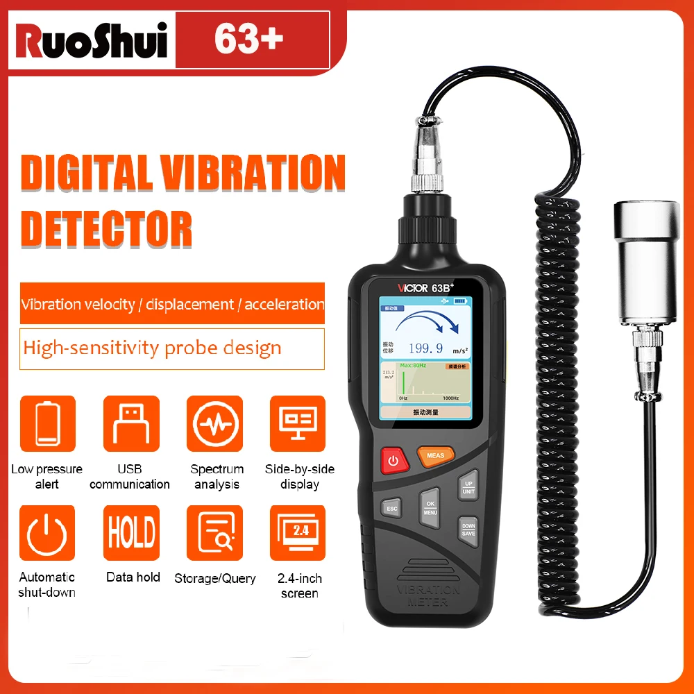 VICTOR Digital Vibration Detector Hi-sensitivity 0~1999um Probe Velocity Displacement/Acceleration Color Screen Vibration Meter