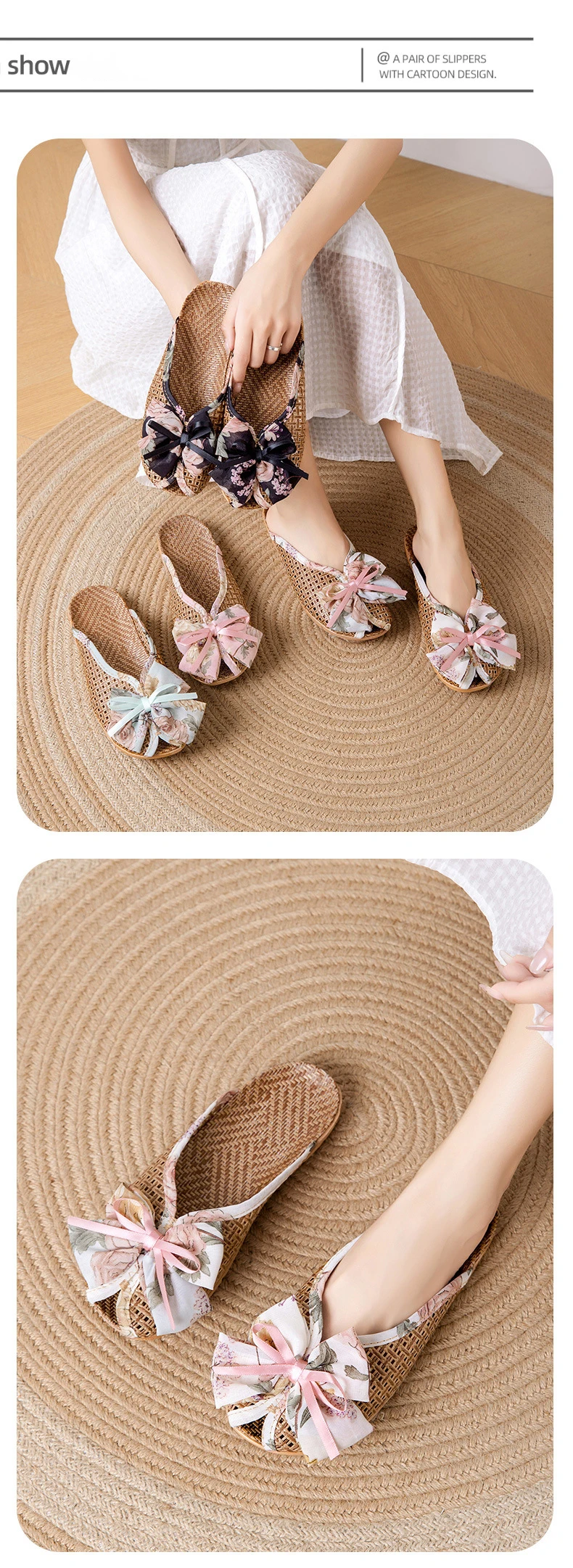 Rattan-Hausschuhe mit Fliege – niedliche Hausschuhe im koreanischen Stil, rutschfeste, atmungsaktive Innensandalen mit weicher Sohle für den Sommer – Detail 7