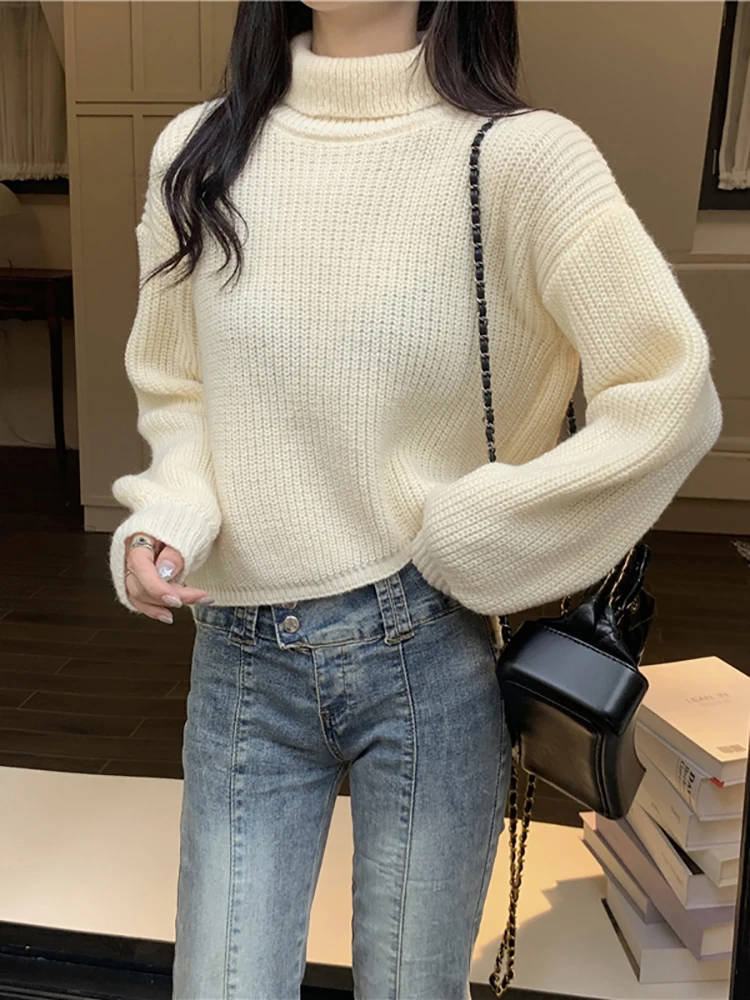 Women Casual Loose Knitted Sweater Pullovers Solid Cashmere Lapel Splited Turtleneck Sweaters Autumn Winter Elegant Female Tops