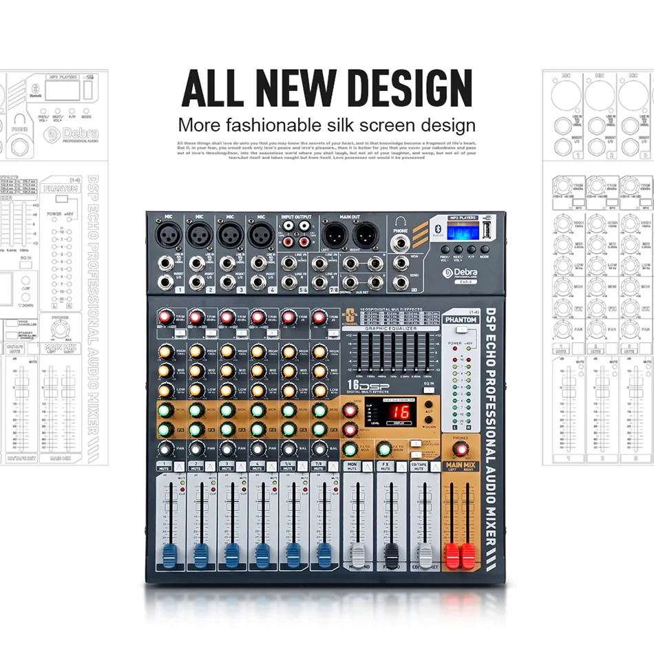 Console DJ professionale a 8 canali DSP EFX Audio con cancellazione del rumore per Karaoke Pro Mixer alimentato dal suono Mixer di schede audio audio