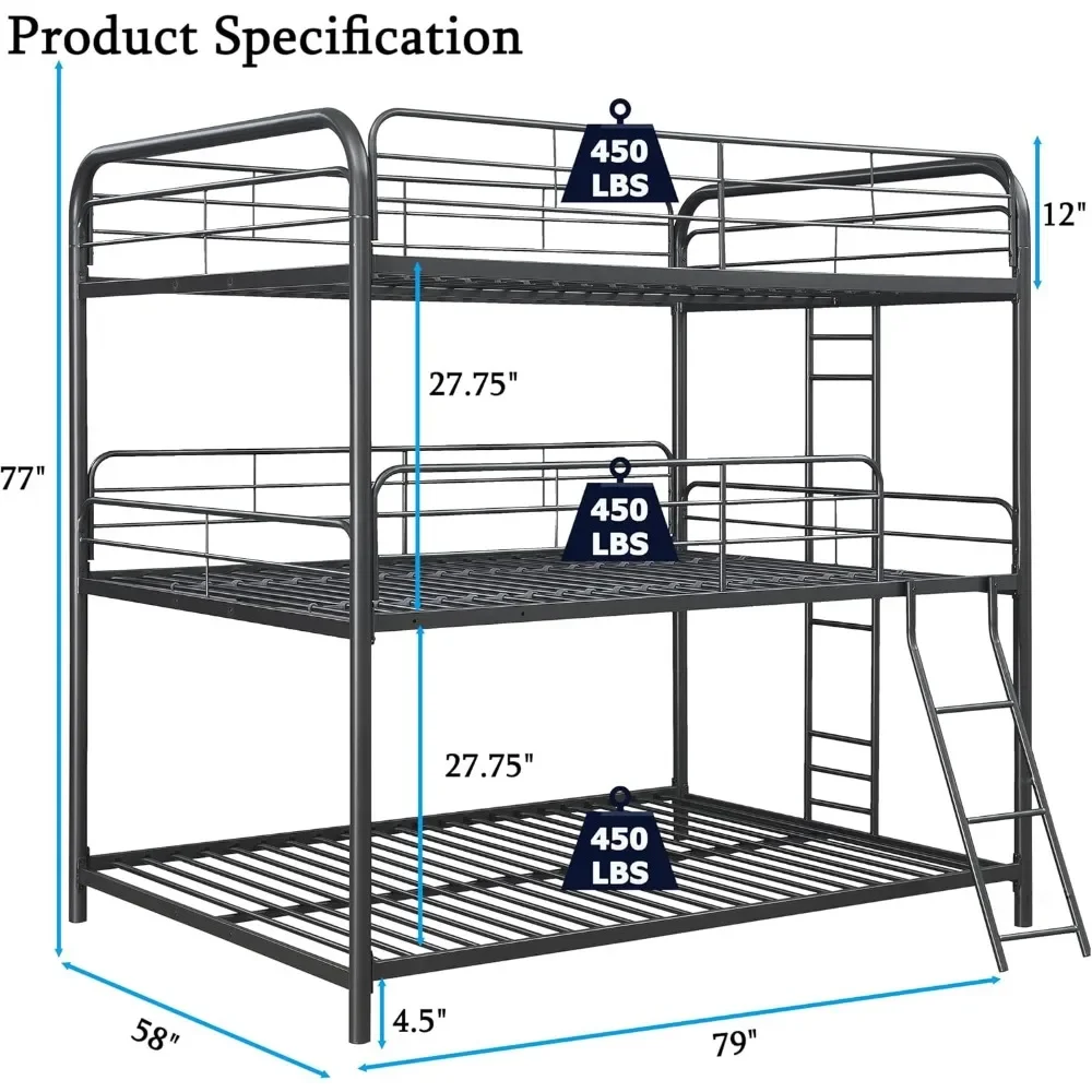 Metal Bunk Beds, for Adults and Kids and Teens, with Safe Guardrail, 3 Bunks Beds Easy To Assemble ,Full Size Triple Bunk Bed