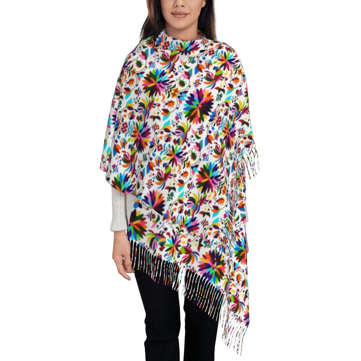 

Mexican Otomi Birds Floral Embroidery Tassel Scarf Women Soft Folk Flowers Art Shawls Wraps Lady Winter Scarves
