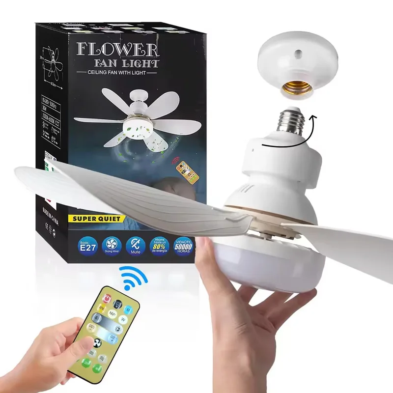 

LED ceiling fan light E27 with remote control for dimming, suitable for living room, study, household use, 85-265V