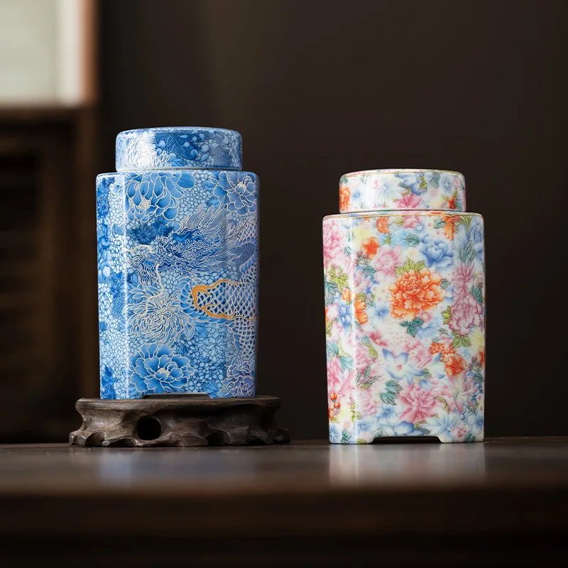 Chinese Style Enamel Color Filigree Silver Dragon Ceramic Tea Can Square Can Green Tea Sealed Storage Tea Can