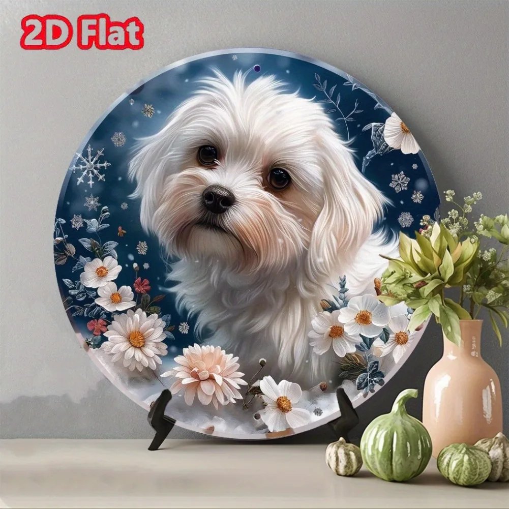 Round Vintage Maltese Dog Aluminum Wall Sign - 2D Flat Snowy Floral Holiday Decor for Home Office Cafe