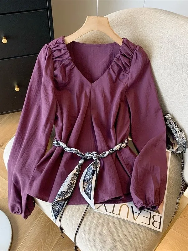 

Женский топ Ele Long Sve V-Ne irt, осень 2023, новый дизайн, утягивающий топ на талии, свободный крой во французском стиле