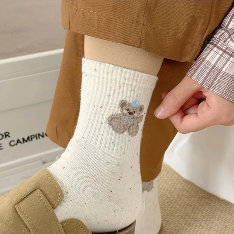 5 Pairs Women's Autumn Winter Socks Cartoon Mid-tube Fashion Day Cubs Cute Socks Thick Solid Color Simple Funny Socks Wholesale