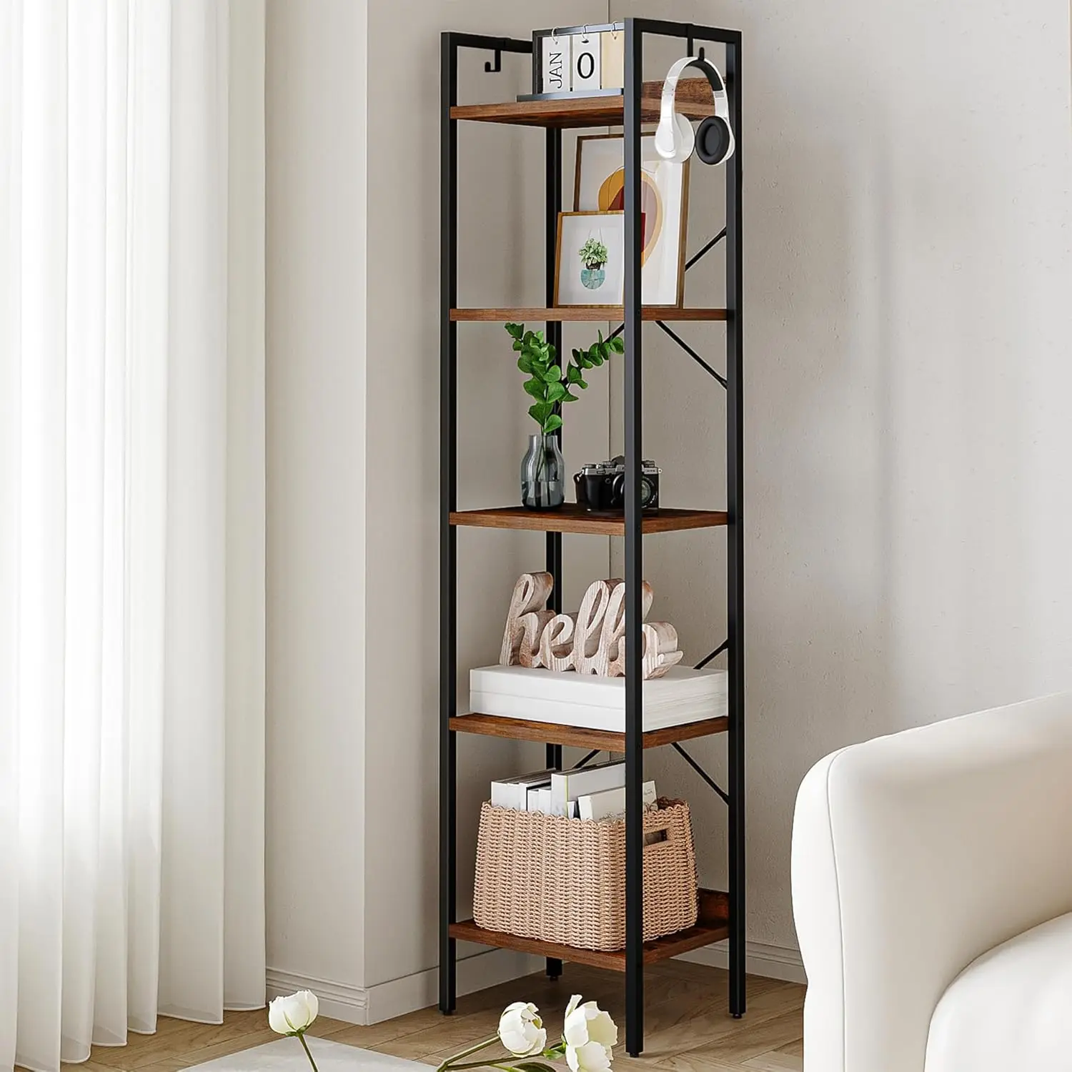 Bookshelf, Book Shelf, Industrial Bookcase with 2 Hooks, Coner Shelf Storage Organizer for Home Office, Living Room, Bedroom