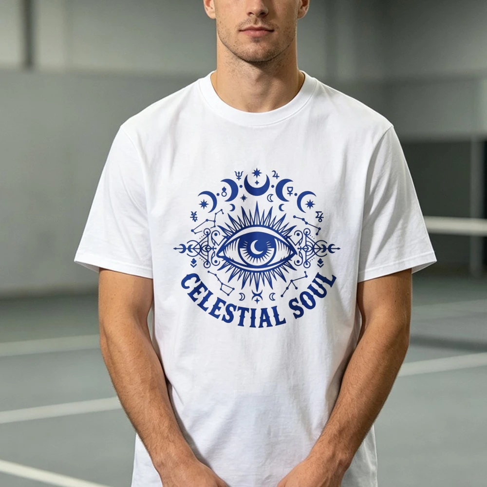 Celestial Evil Eye Printing T-Shirt Astrology Moon Spiritual Tees Astrology Eye Constellation Mystic Symbol Unisex Casual Tops