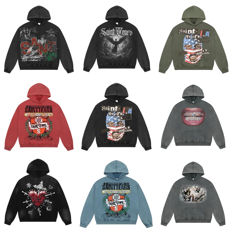 SAINT Tears Series Terry Hoodie Men Women Winter Autumn Washed Oversize Sweatshirts