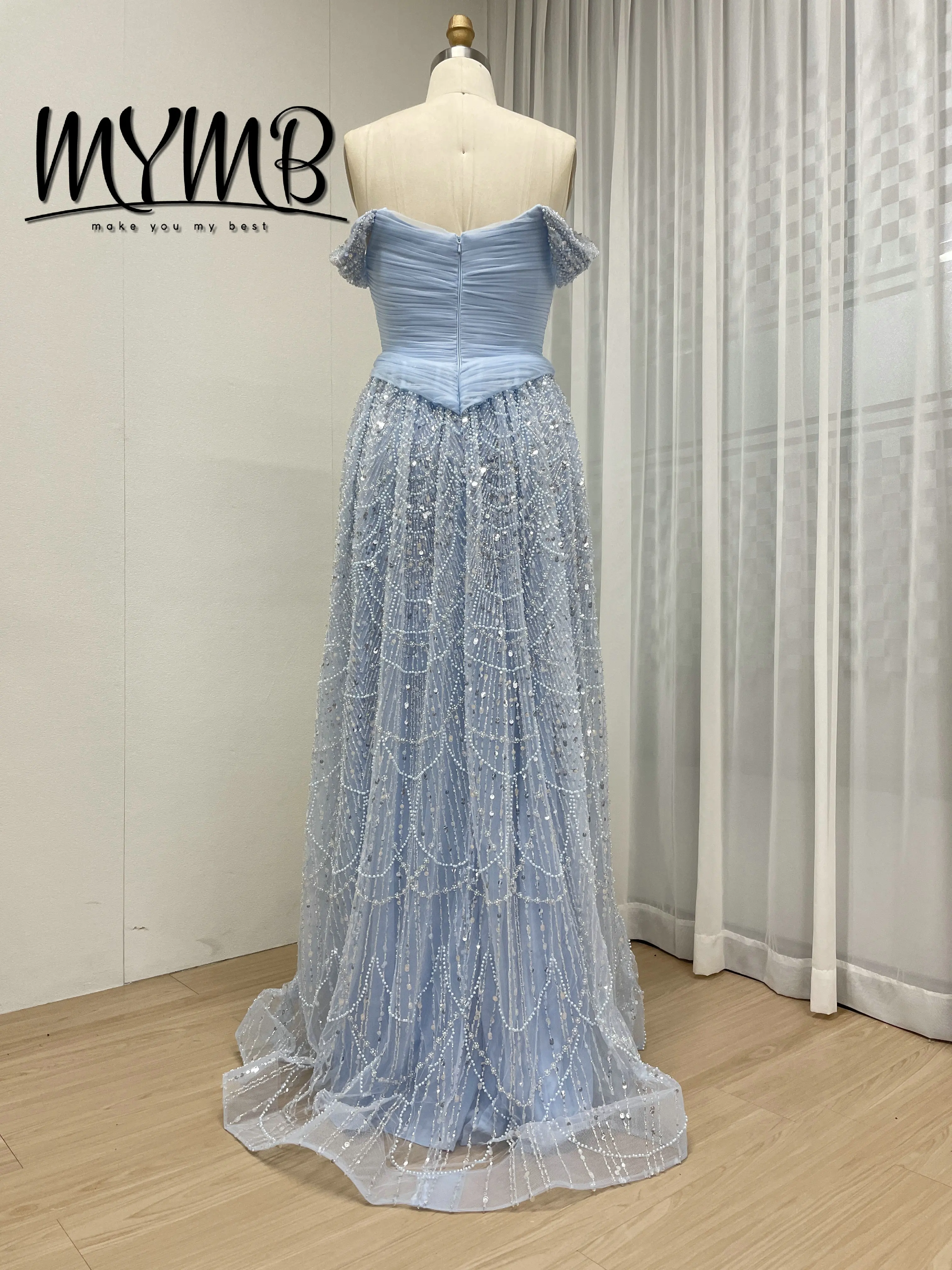 MYMB Neuer Stil, verziert mit exquisiten, perlenbesetzten Pailletten, elegantes, schulterfreies Abendkleid in A-Linie für formelle Anlässe MB40432