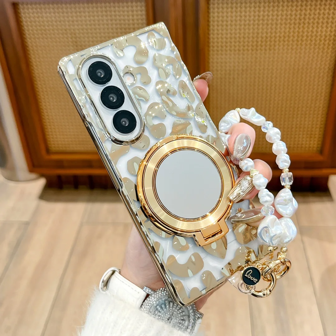 For Samsung Galaxy Z Fold 7 6 Case Plated Leopard Gold Pattern Mobile Phone Cover With Mirror Holder Beads Strap