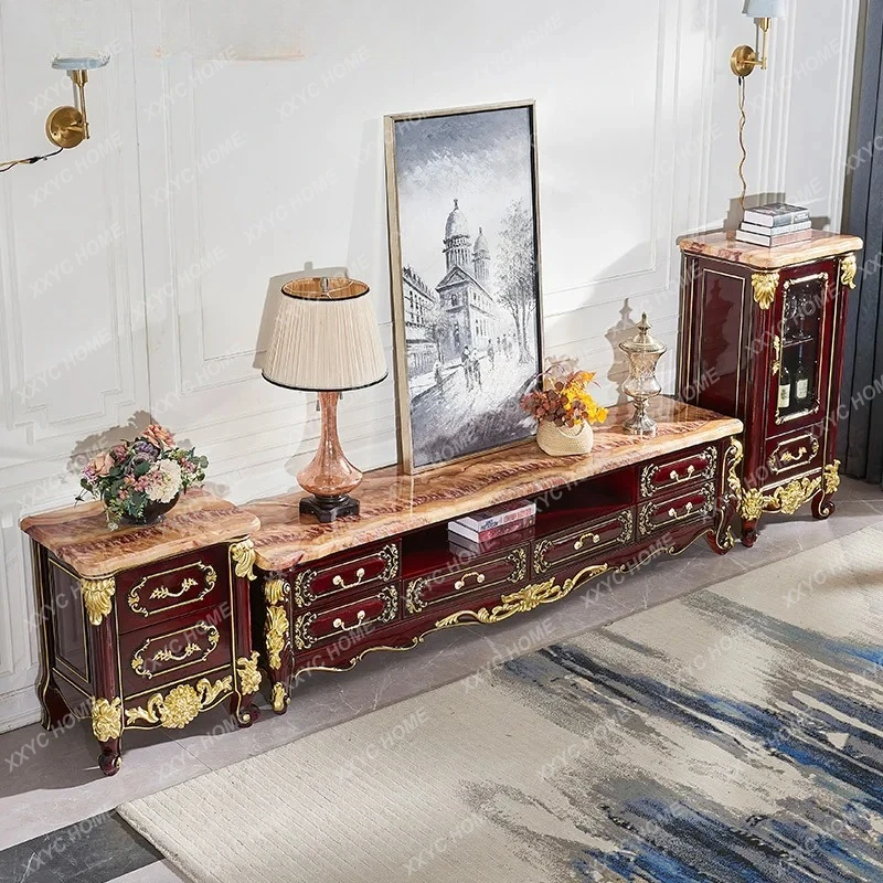 

Тумба под телевизор из массива дерева, журнальный столик из красного сандалового дерева с мраморной столешницей, комбинированный комплект для гостиной, роскошный напольный вариант для небольших квартир