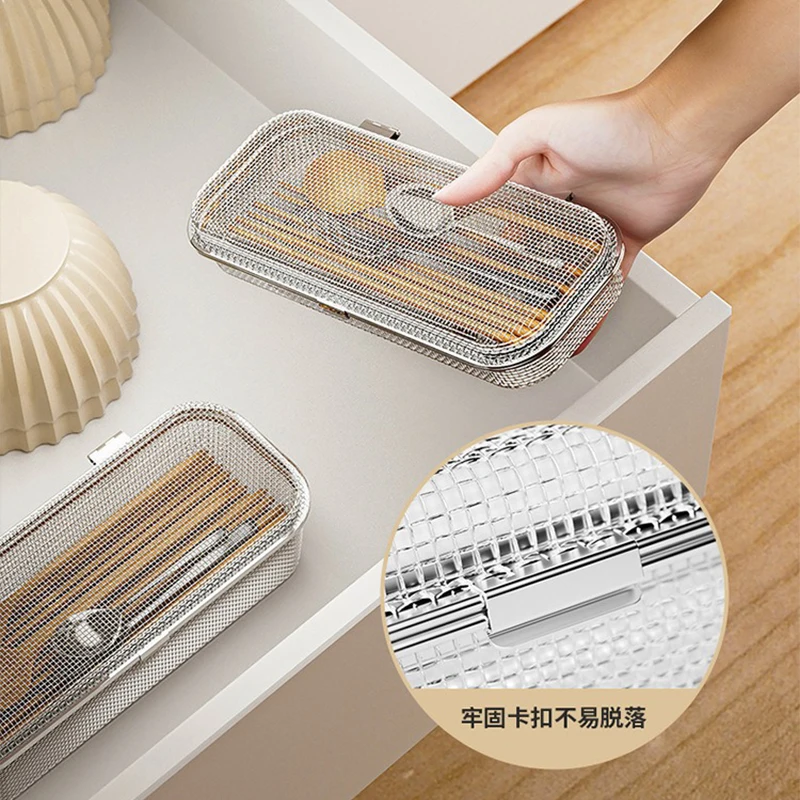 304 Stainless Steel Mesh Cutlery Box Cleaning Basket for Dishwasher Small Items Kitchen Tools Spoons Chopsticks Basket Storage