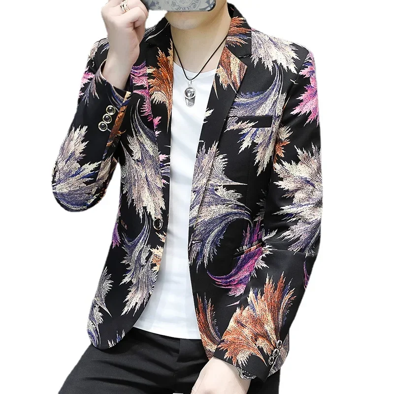 

2024 New Men Business Casual Printed Suit Jacket Fashion Male KTV Dance Party Leisure Flower Blazers Slim Fit Coat