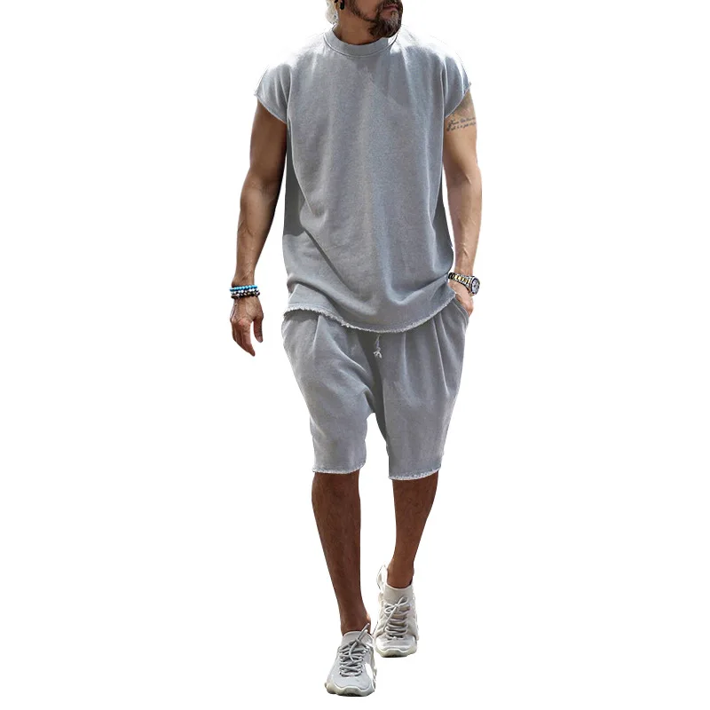 Summer Men\'s T-shirt+Shorts Two-Piece Street Hip Hop Suit Loose Short sleeve Shorts Solid color Shorts Pants