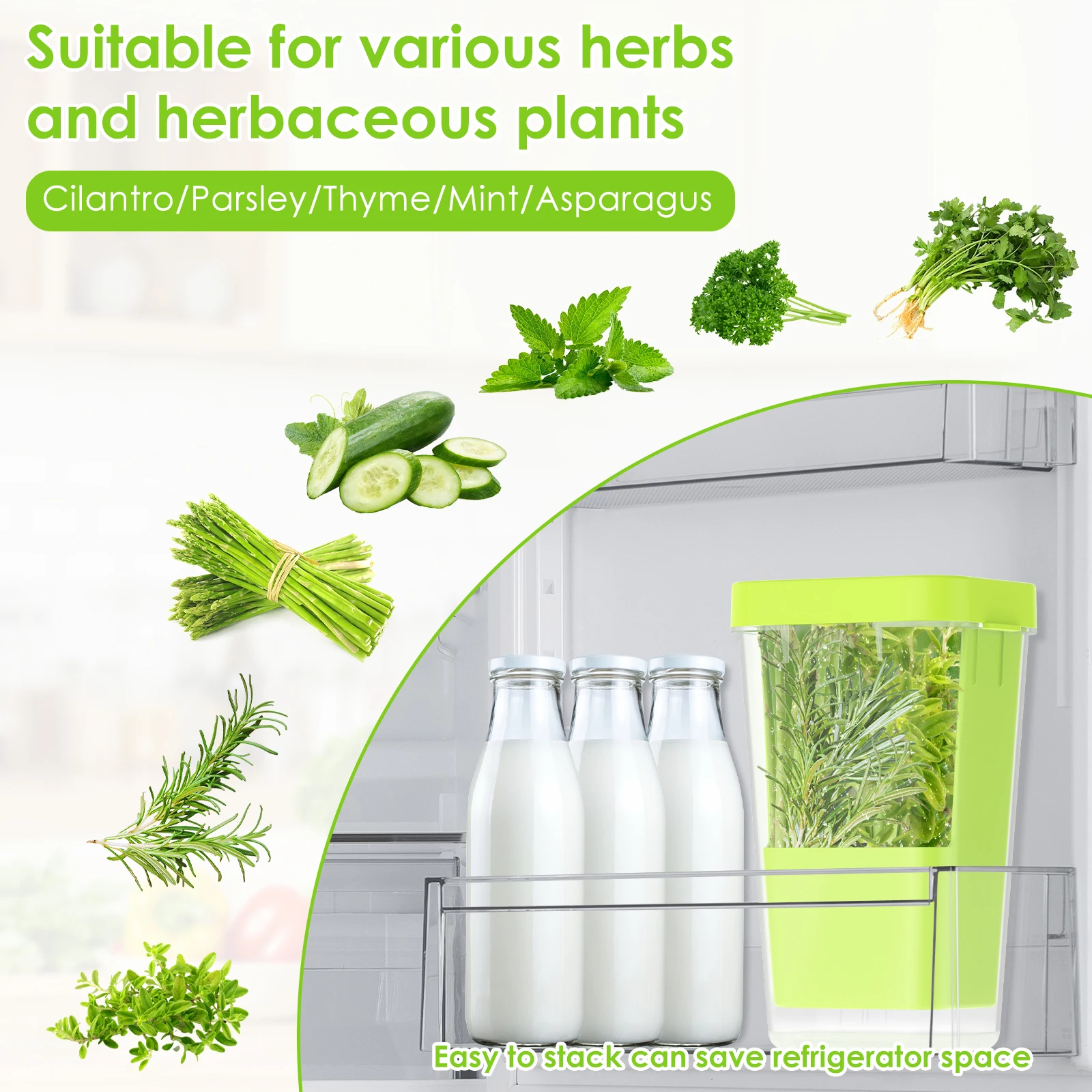 Herb Saver: Conservador De Hierbas Fresh Para Refrigerador | 3 Piezas Transparentes | Para Cilantro, Menta, Espárragos | ABS Sin BPA | Triple Vida Útil