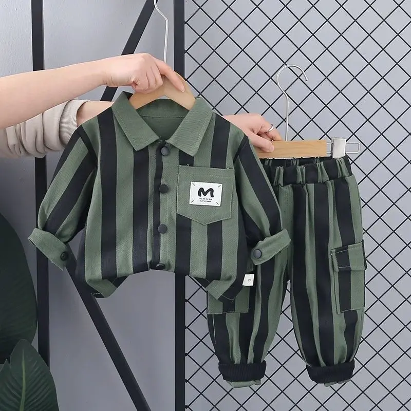 

Baby Boy Luxury Clothes Set 2025 Spring Korean Fashion Vertical Striped Shirts + White T-shirts + Pants Kids Girls and Boys Suit