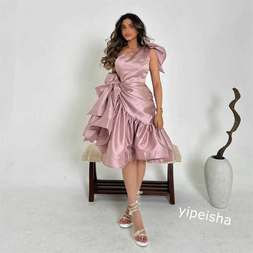 Ball Dress Saudi Arabia Prom Satin Draped Bow Graduation A-line One-shoulder Bespoke Occasion Gown Knee Length Dresses