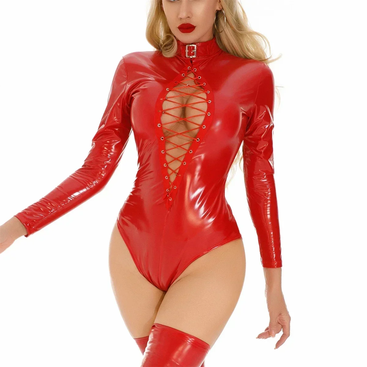 Body à lacets sur le devant pour femmes, combinaison Catsuit ajourée, Sexy, Look mouillé, justaucorps en cuir PVC brillant, barboteuse moulante, combinaisons de scène de danse