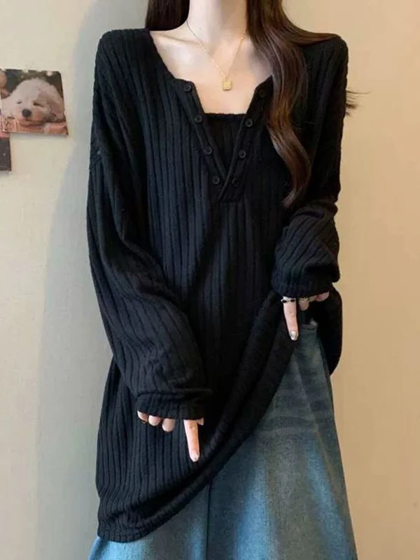 plus Size Lazy Casual Knitted Long Sve Women's Sweater Mid-Length V-Ne Pure Color Autumn Winter Faion Korean Sle